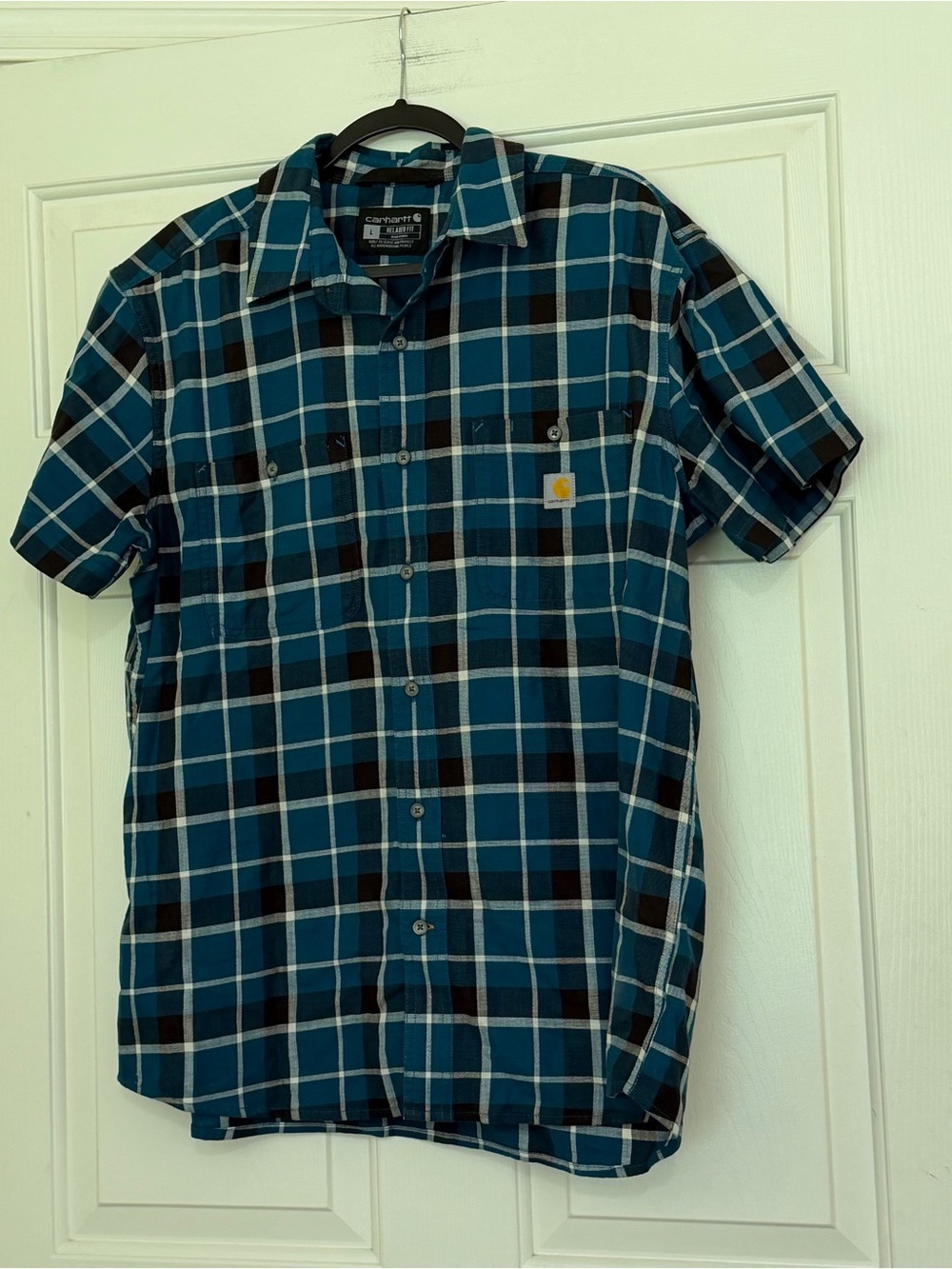 Carhartt Short-Sleeve Plaid Button Down Shirt Teal Blue Relaxed Fit Size Large L